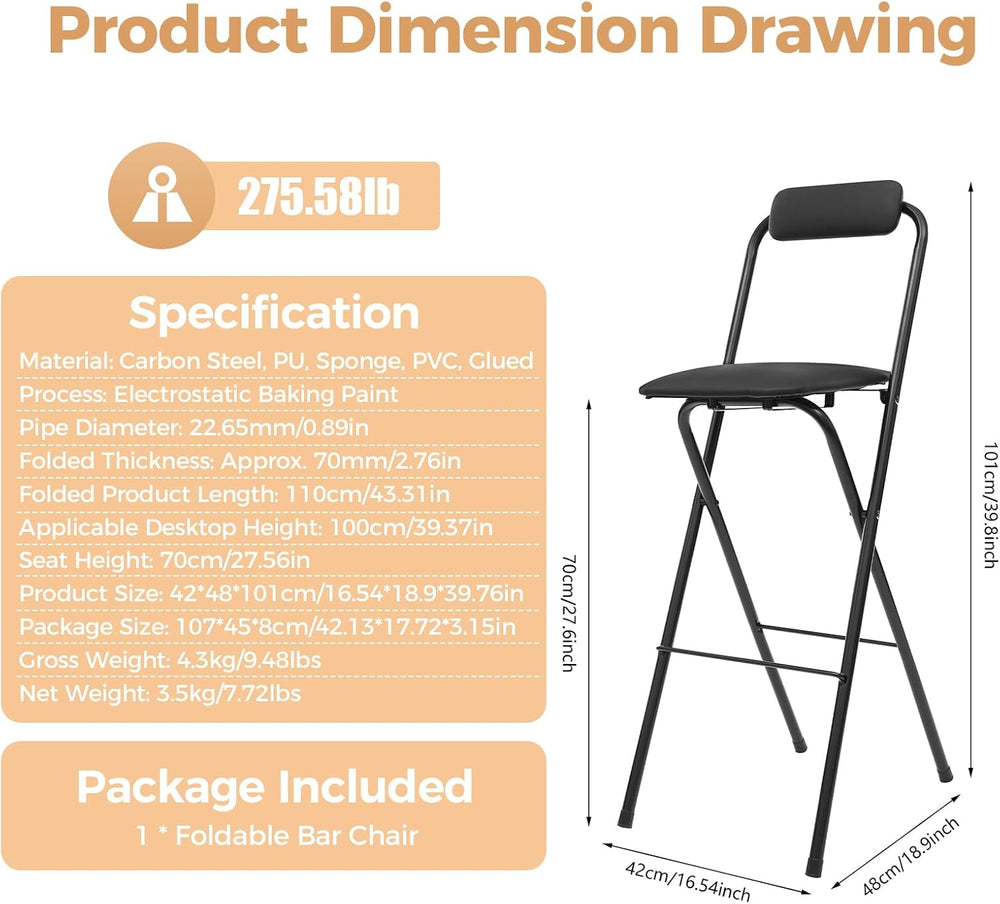 Folding Stool, Cushioned Padded Folding Stool Portable Bar Stool with Back fo...