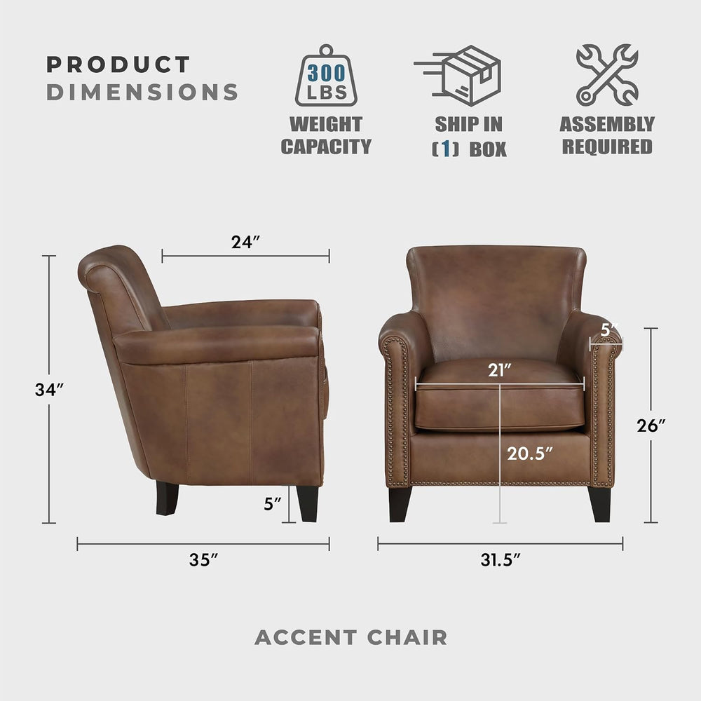 Lexicon Top Grain Genuine Leather Chair, Rolled Armrest, Classic Brown | Livi...