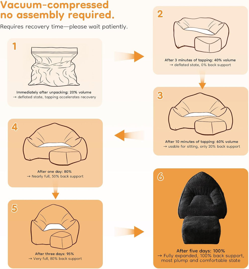 Cloud Large Bean Bag Chair with Ottoman, Corduroy Fabric+35D Memory Foam Big ...