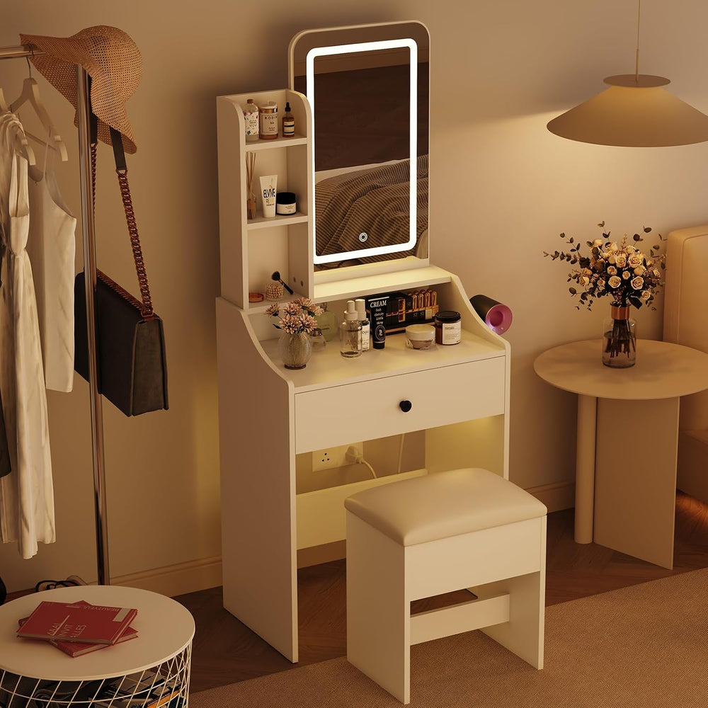 Makeup Vanity Desk with Mirror Lights & Charging, White | Includes Storag...
