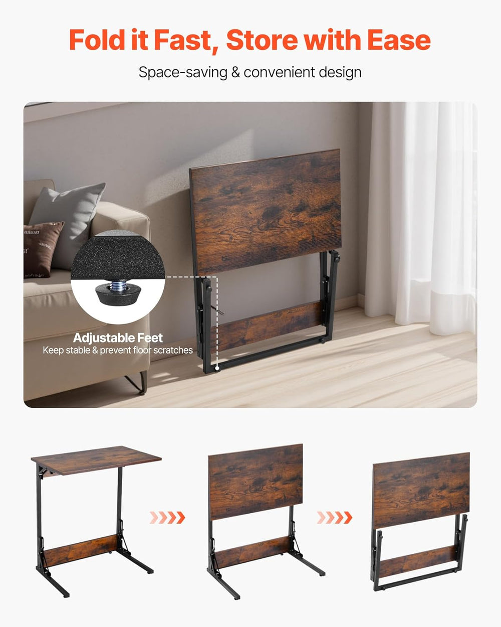VEVOR C Table, Folding C Shaped End Table with Metal Frame & Adjustable F...