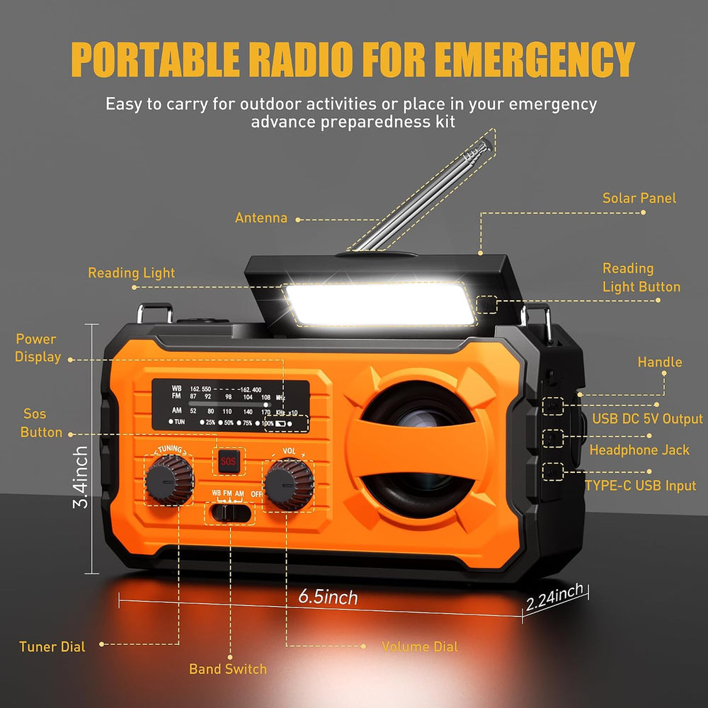 Hand Crank Emergency Radio 10000mAh Weather Radio with AM/FM/NOAA, Orange
