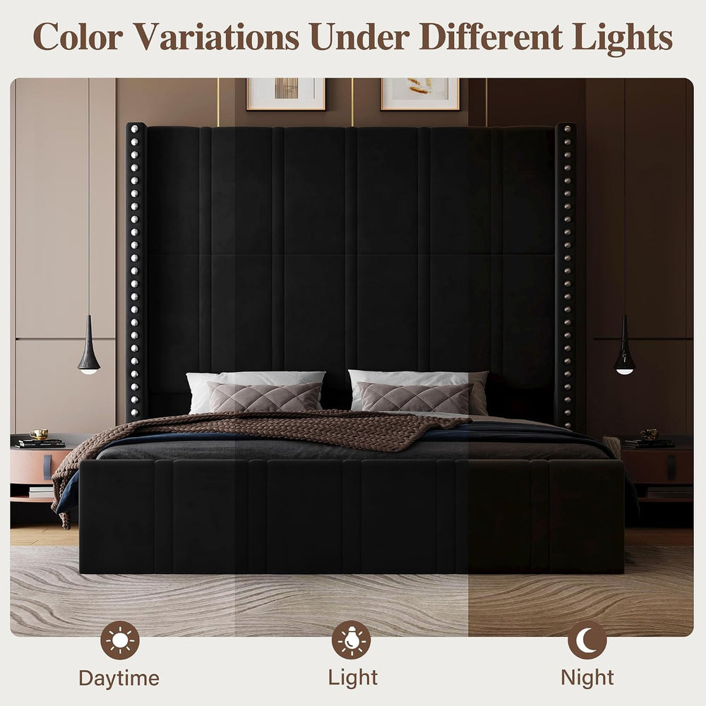 Queen Bed Frame with 65.75" Tall Headboard, Black