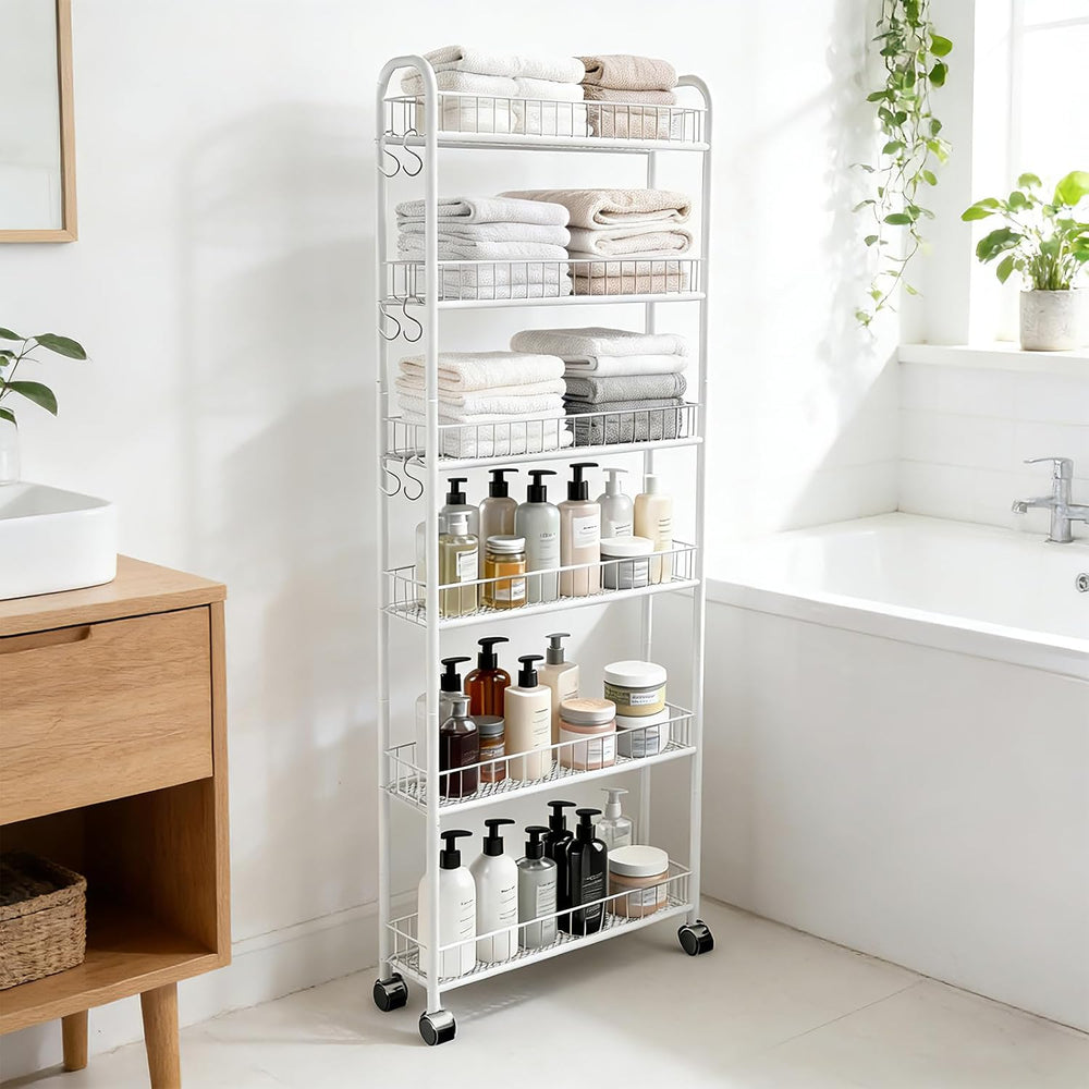 6in 6 Tier Slim Rolling Storage Cart with Wheels, White