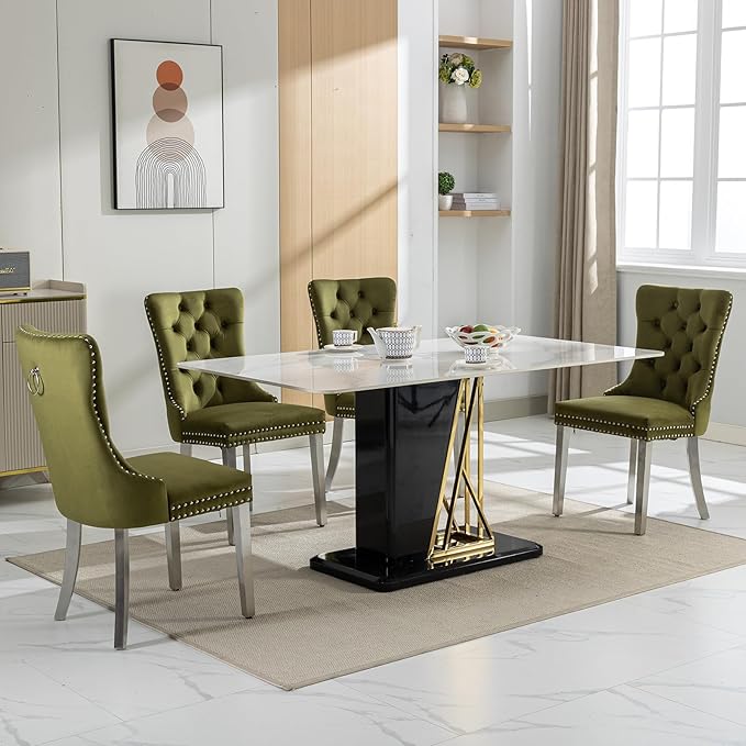 Mid Century Modern Dining Chairs Set of 8, Olive Velvet Upholstered Tufted Ba...