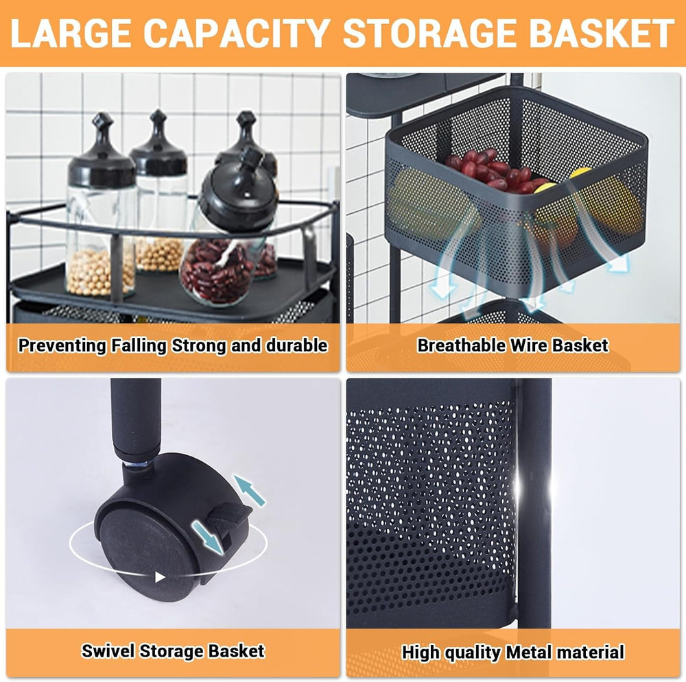 5Tier Rotating Kitchen Storage Organizer Rolling Cart with Removable Baskets