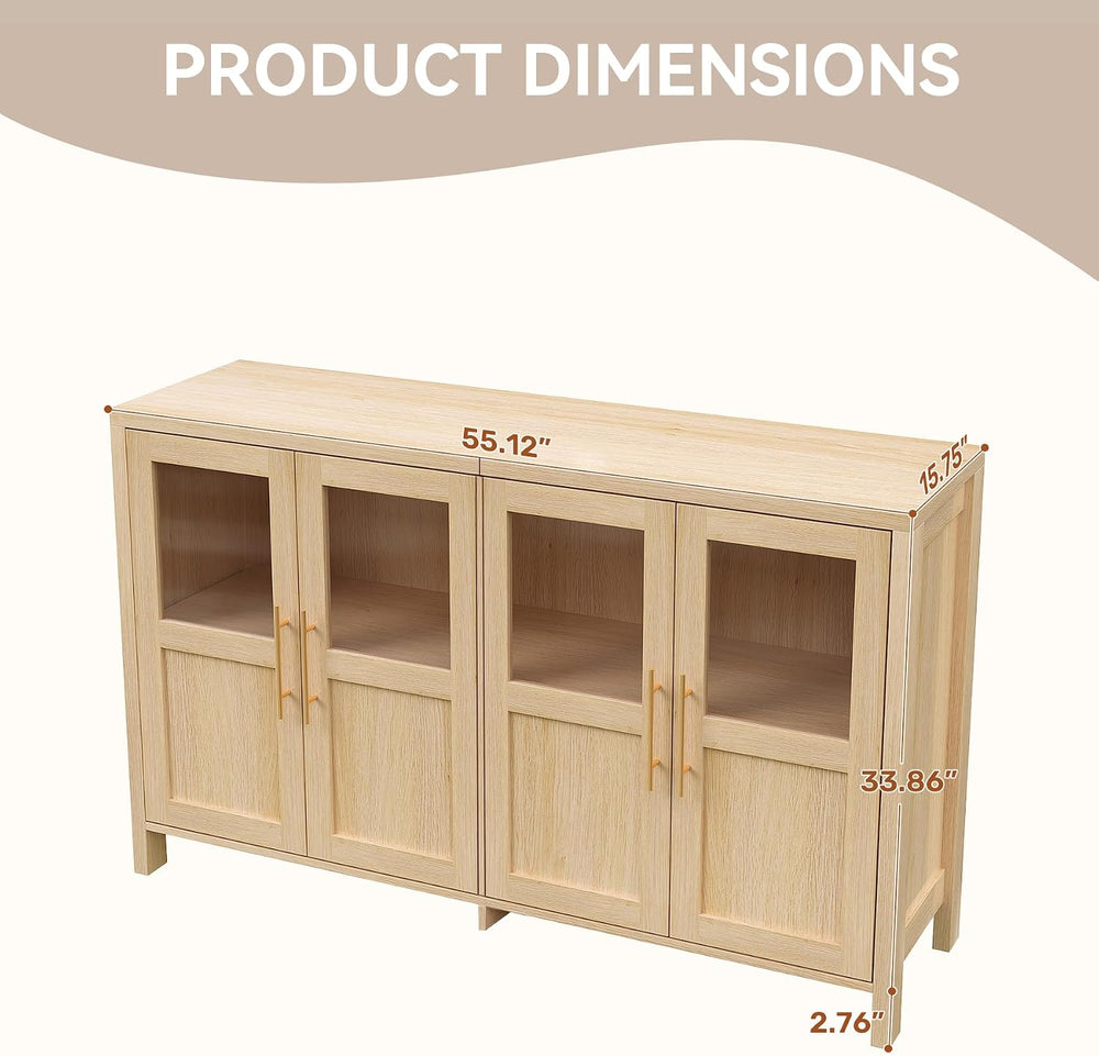 55" Sideboard Cabinet with Glass Doors, Large Buffet Cabinet with Storag...