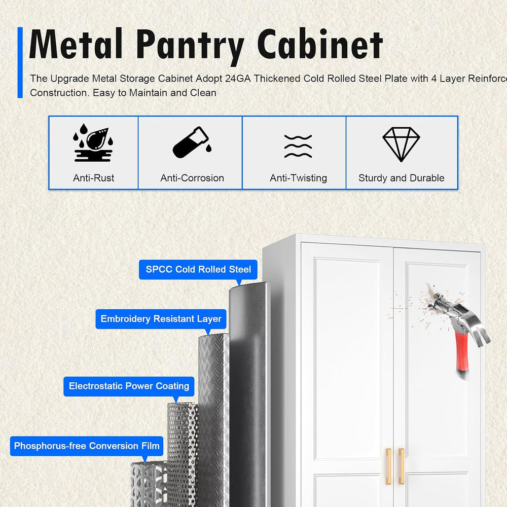 Polup 71" White Metal Kitchen Pantry Storage Cabinet with Doors and Shel...