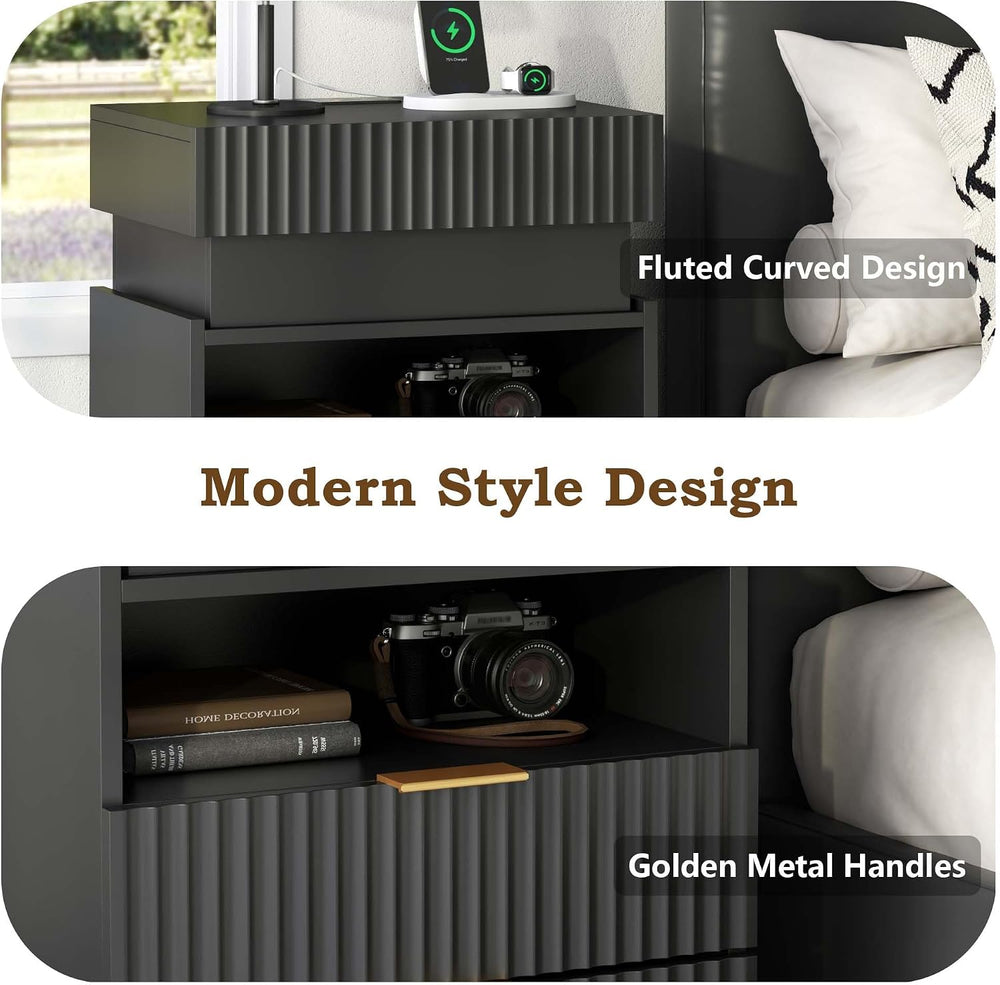 Night Stand with Wireless Charging Station, Black Bedside Table with Hidden G...