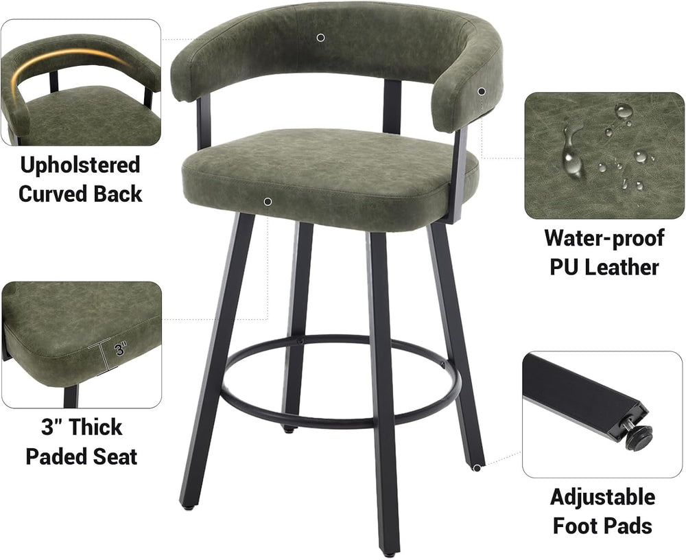 Shunzhi Modern Green Counter Height Bar Stools Set of 2 Leather Barstools wit...