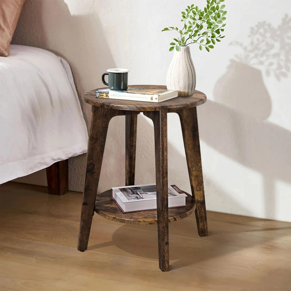 Small Round Side Table Wooden End Table with Lower Shelf Modern Nightstand Be...