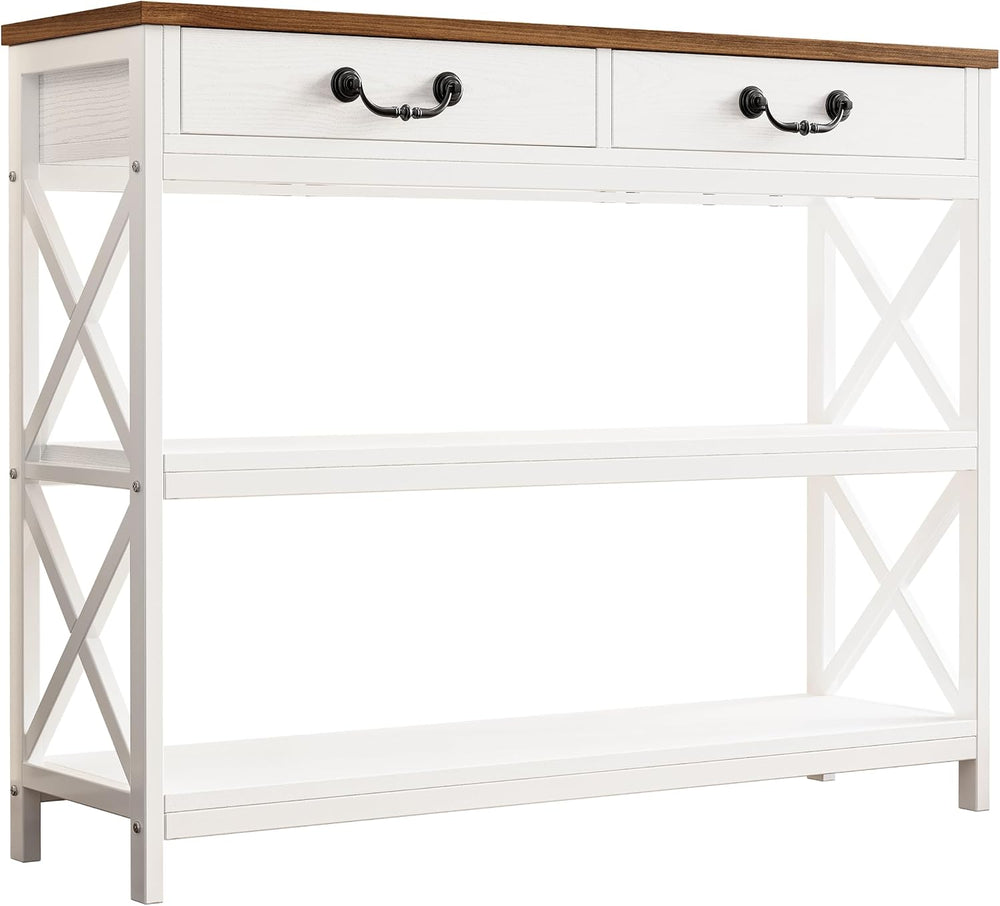 IRONCK 39.4" Farmhouse Console Table with Storage, White/Walnut | Narrow...