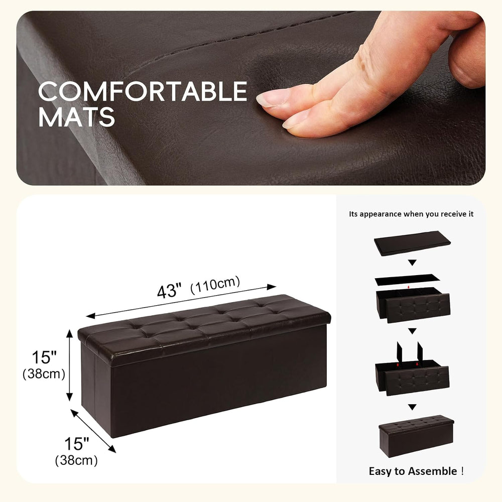 PINPLUS Folding Storage Ottoman Bench, Brown Faux Leather | Storage Chest wit...