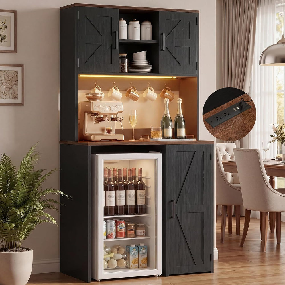 Unikito Mini Fridge Cabinet with Storage, Power Outlet & LED Light, Black