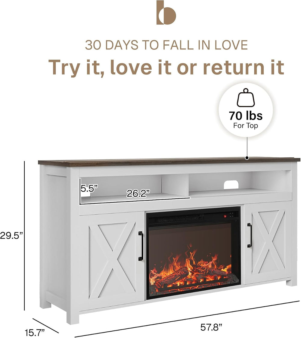 BELLEZE Corin 58" TV Stand with 23" Electric Fireplace - White