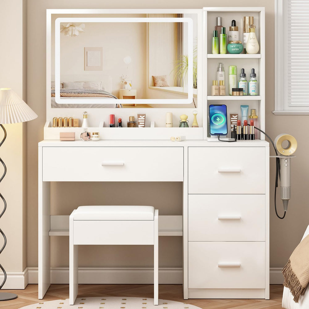 OTOQS Vanity Desk with Mirror and Lights,4 Drawers & Bench Vanity Desk Se...