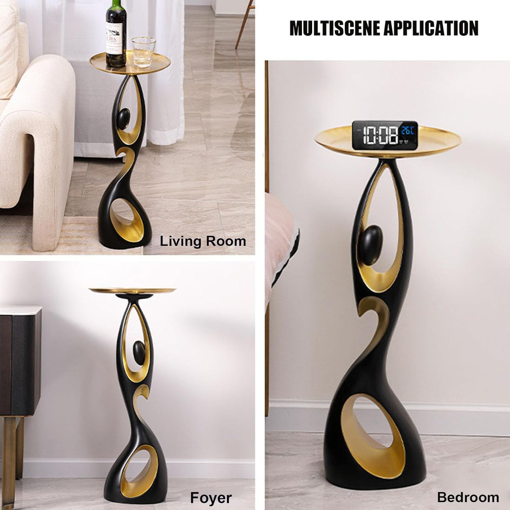 Modern Side Table with Metal Top,Resin End Table with Art Base,Round Bedside ...
