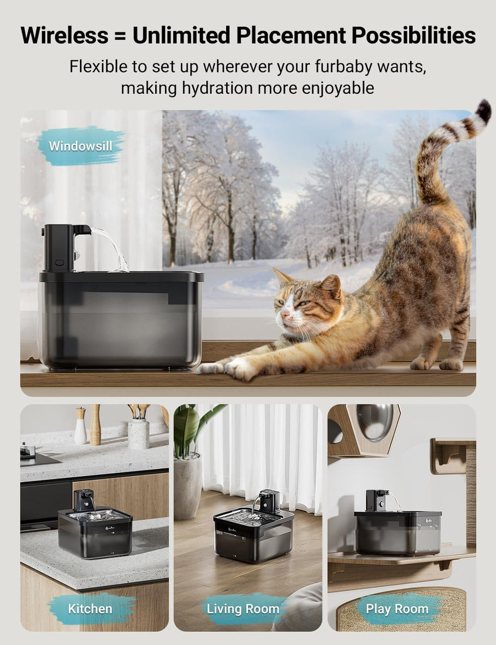 DownyPaws Cat Water Fountain Cordless, Pet Fountain, 84oz/2.5L, Black Pro