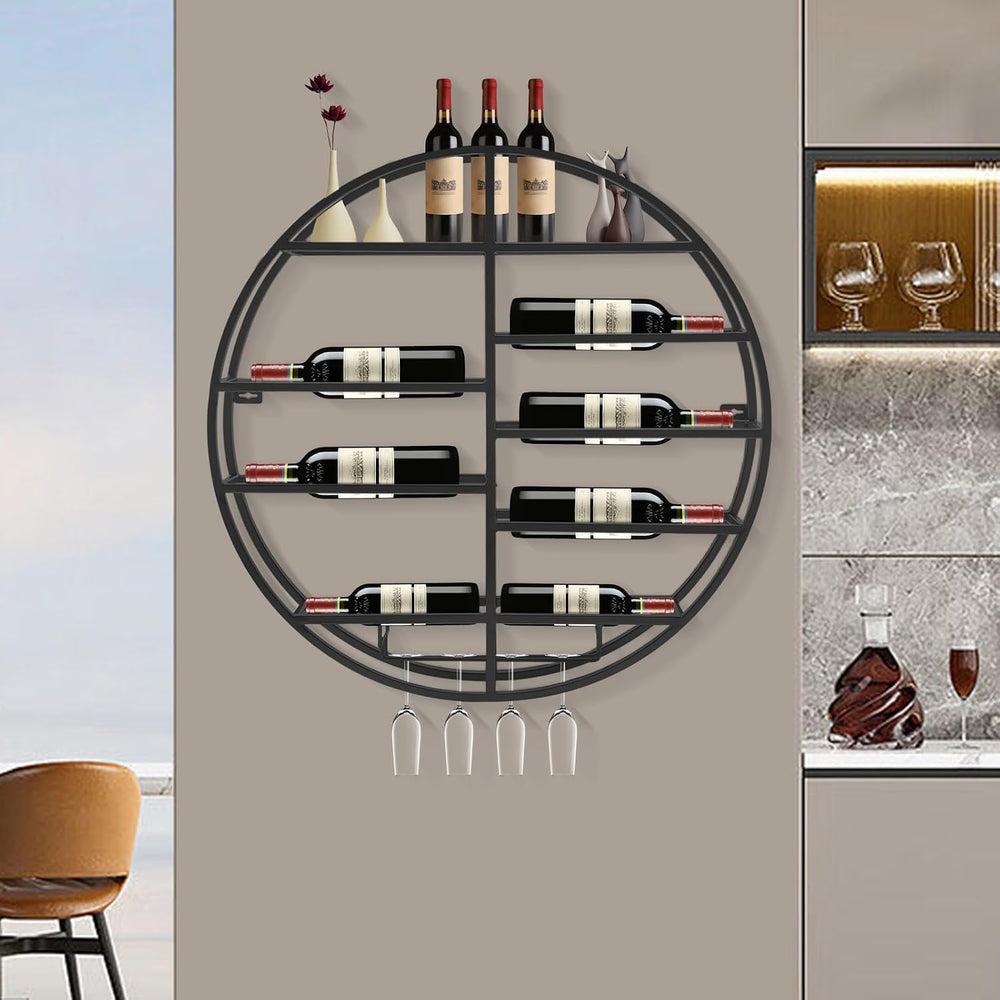 Round Wall Mounted Wine Rack with Wine Glass Shelf Goblet Holder- 23.6 Inch F...