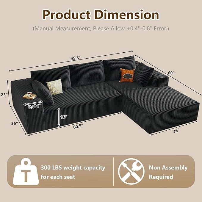 96" Modular Sectional Couch, L Shaped Cloud Sofa with Chaise Lounge, Cor...