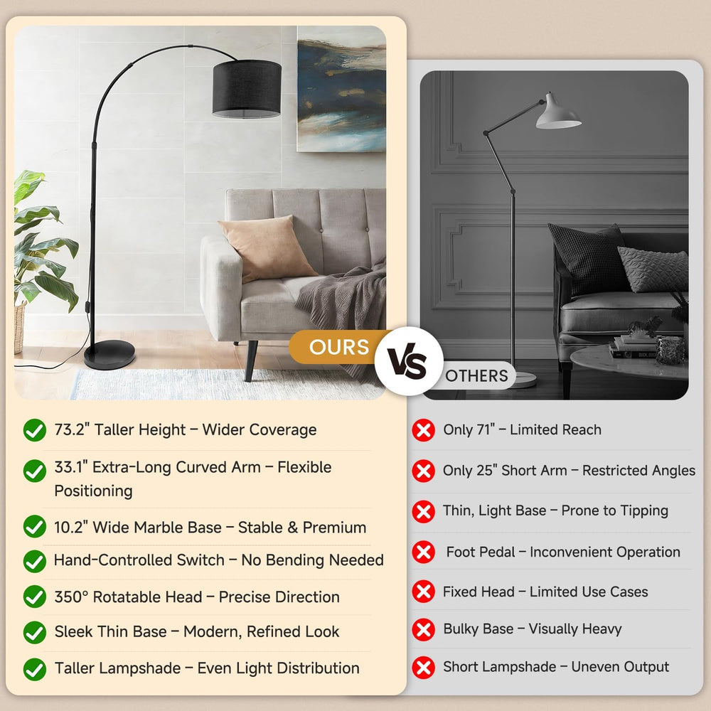 Black Arc Floor Lamp, Modern Standing Lamp with Marble Base