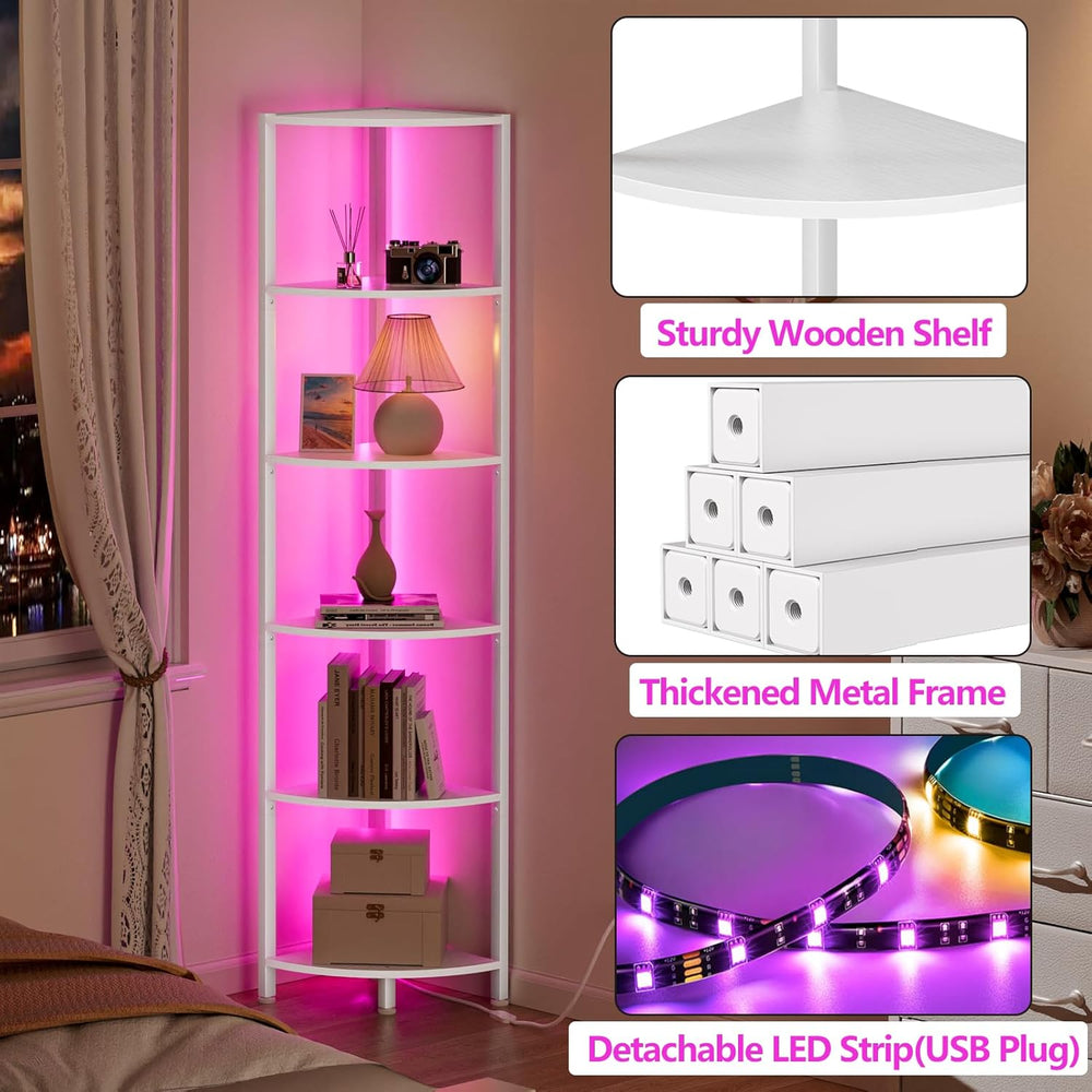 Furnulem 6 Tier Corner Shelf with LED Light, 67.5" White Narrow Bookshel...