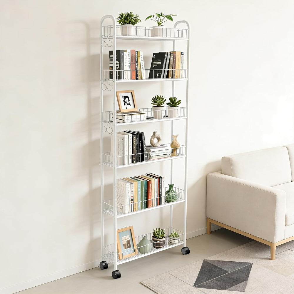 6in 6 Tier Slim Rolling Storage Cart with Wheels, White