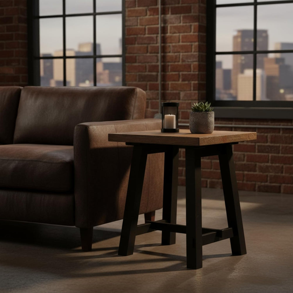 Adam Rustic Industrial Side Table – 21” Solid Wood Square End Table with Natu...