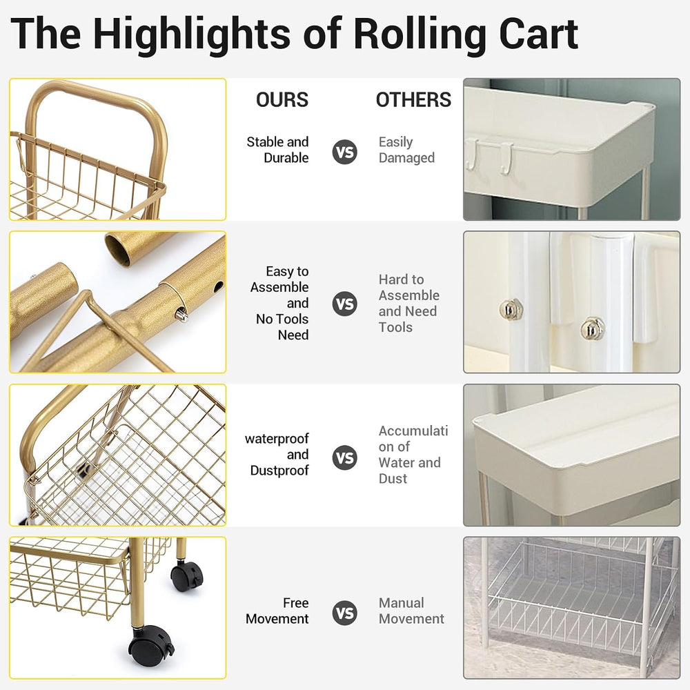 3 Tier Rolling Utility Cart, Storage Trolley Service Cart with Wheels Easy As...