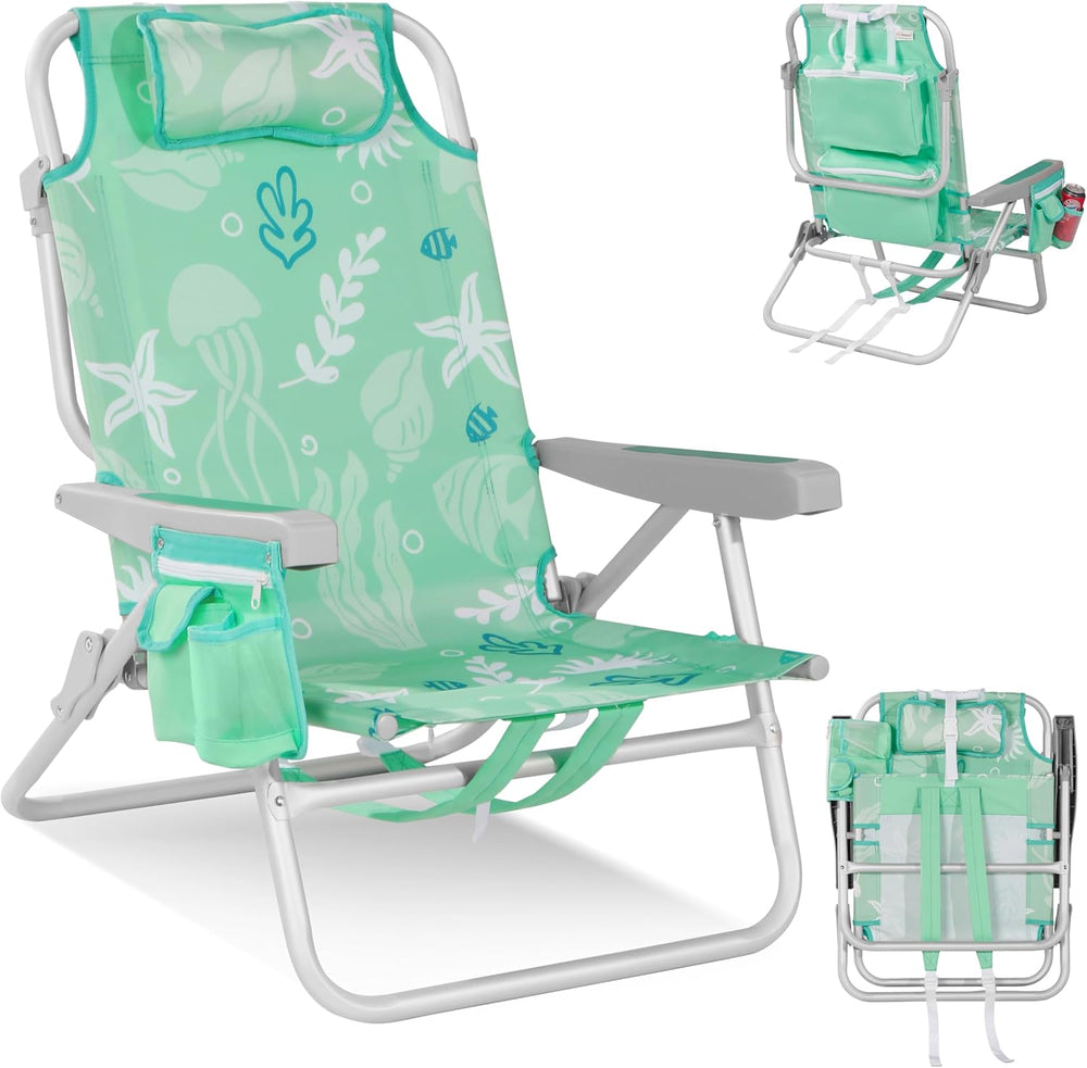 Low Beach Chairs for Adults - 5-Position Lay-Flat Backpack Chair with Large I...
