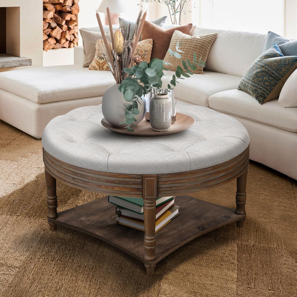 Large Round WaterProof Ottoman Coffee Table 2 Tier Oversized Button Tufted Ot...