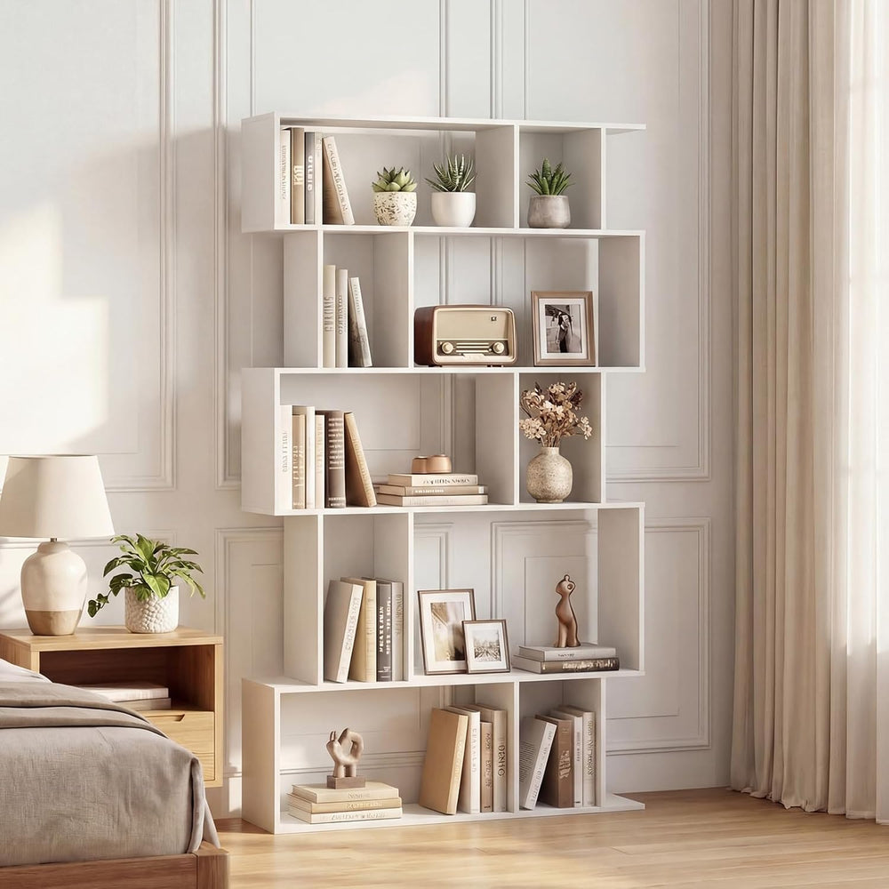 5-Tier Geometric Bookshelf w/Anti-tip Kit & 5 Closed-Back Cubbies