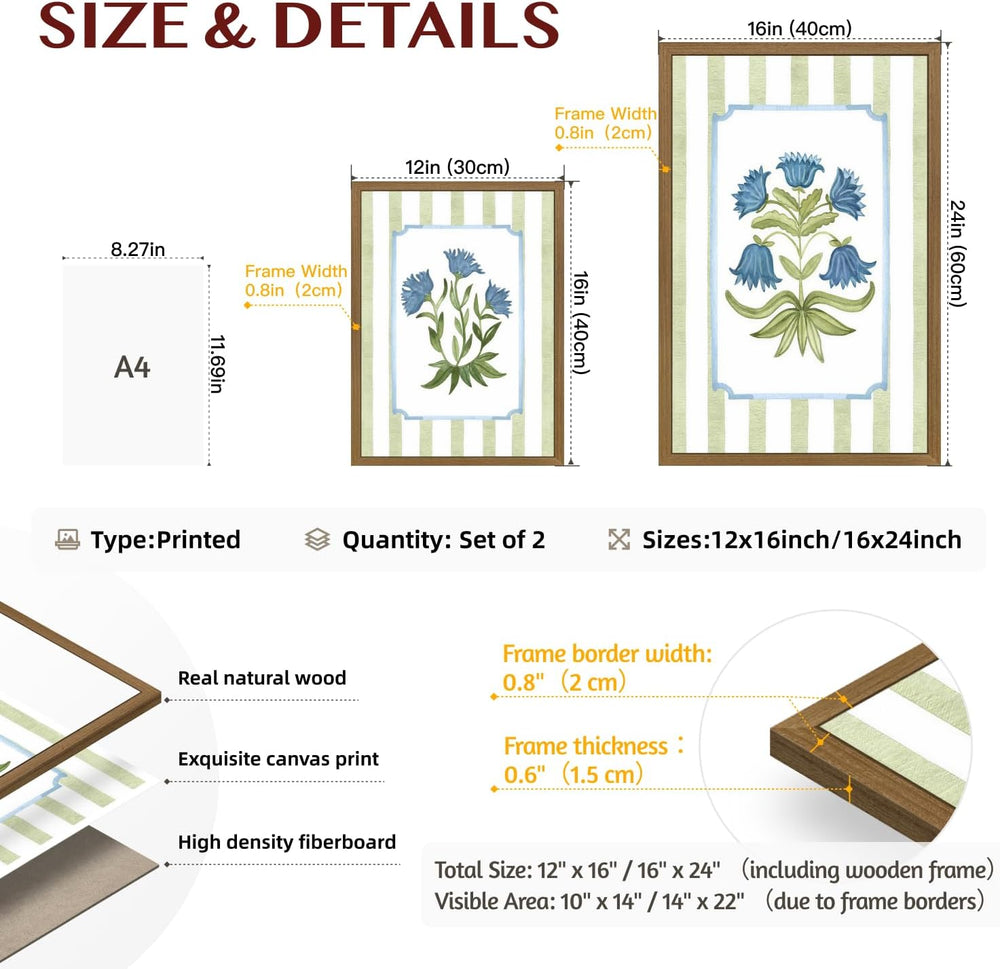 MueyHel Blue Botanical Bathroom Wall Art Set of 2, Wood Framed 12x16 Inch