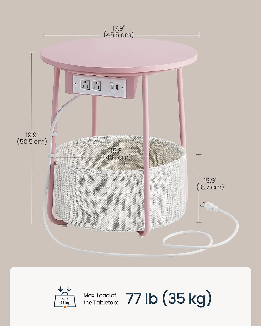 SONGMIC HOME Round Side End Table, Nightstand with Charging Station and Fabri...