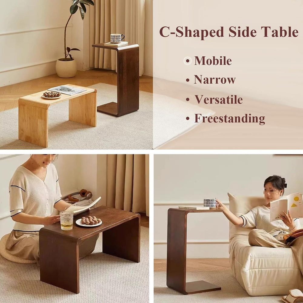 C-Shaped End Table Solid Wood Sofa Side Table for Living Room,Small,Modern,Be...