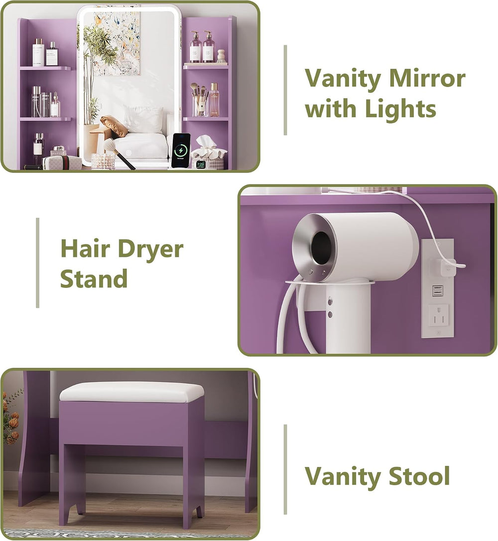 Small Vanity Desk with Mirror and Lights, Makeup Vanity with LED Lights, Purp...