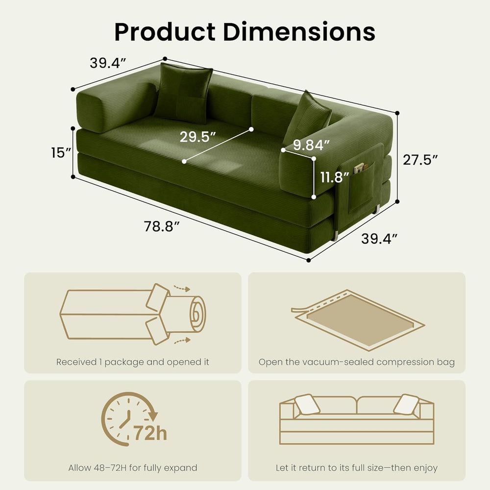 78.8" Convertible Sofa Bed,Corduroy Futon Couch with Storage Pocket,Fold...
