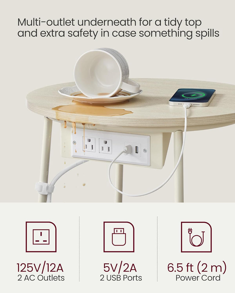 VASAGLE LILEA Collection - Side Table with Charging Station, Round End Table ...
