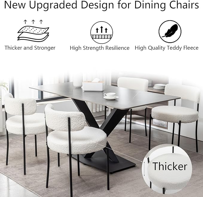 White Boucle Dining Chairs Set of 2, Upholstered Dining Room Chairs with Blac...