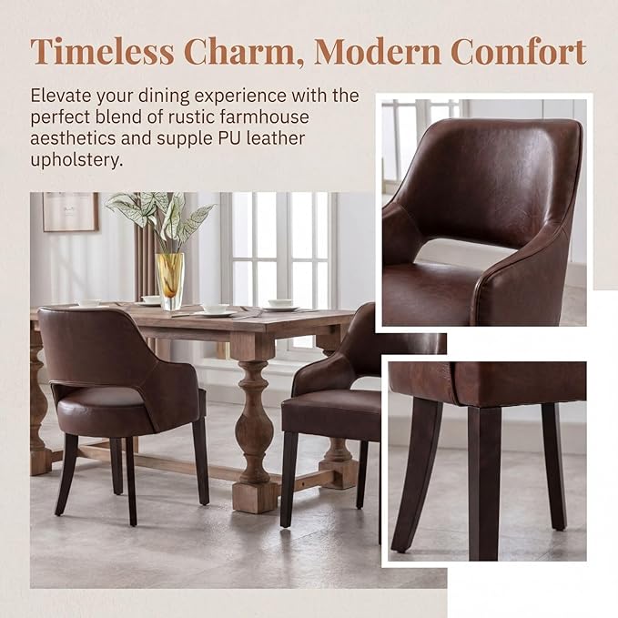 Farmhouse Dining Chairs Set of 2, PU Leather Upholstered Dining Chairs with A...