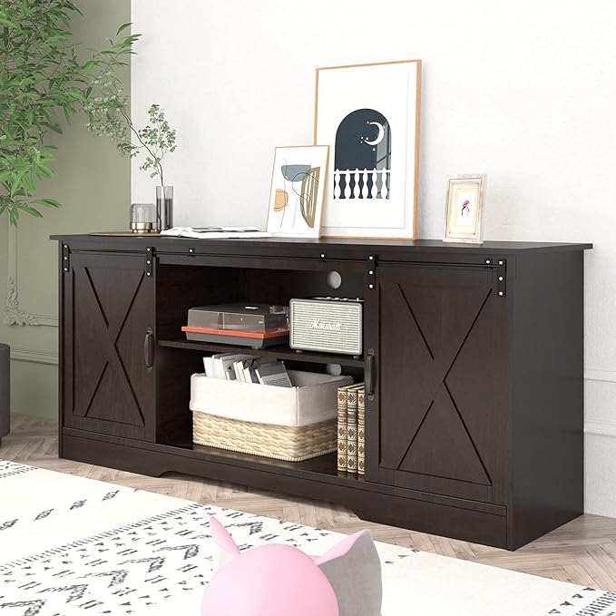4 EVER WINNER Farmhouse TV Stand for 65 Inch TV, Espresso Entertainment Cente...