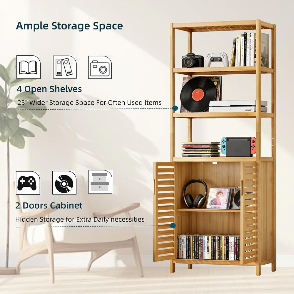 HIFIT 6-Tier Bamboo Book Shelves with 2 Door, Tall Bathroom Storage Cabinet