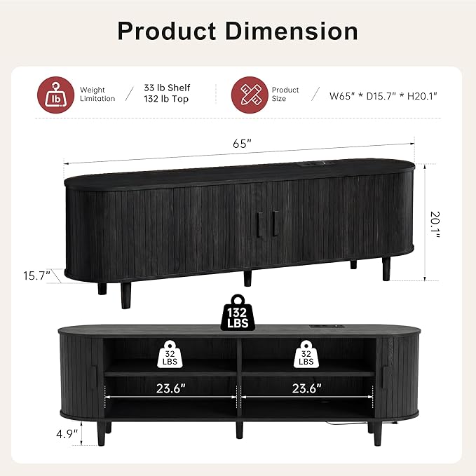 65" Mid Century Modern TV Stand, Wood TV Consoles with Sliding Doors and...