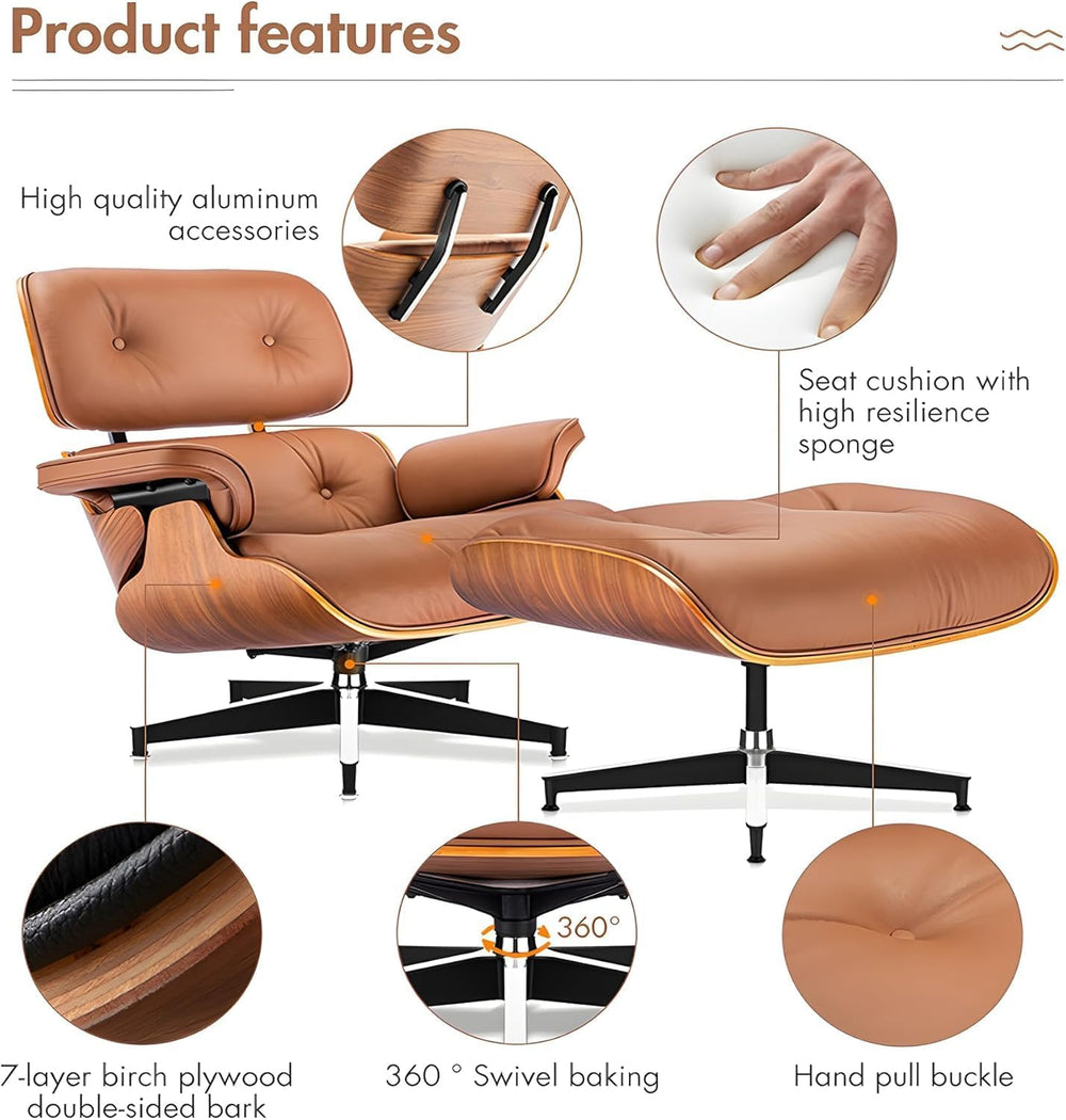 Top Black Grain Leather Mid Century Chaise Lounge Chair and Ottoman, Reading ...