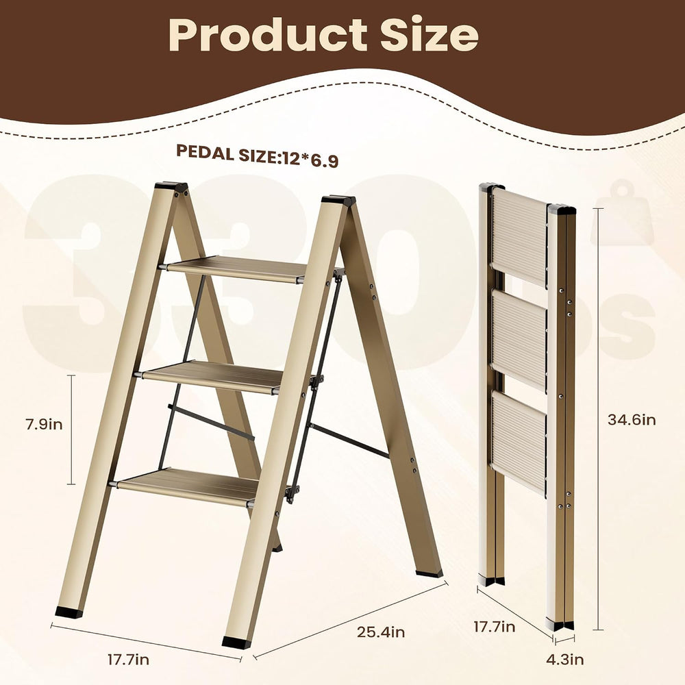 FlyGeneral 3 Step Ladder, Folding Ladder Stool, Gold