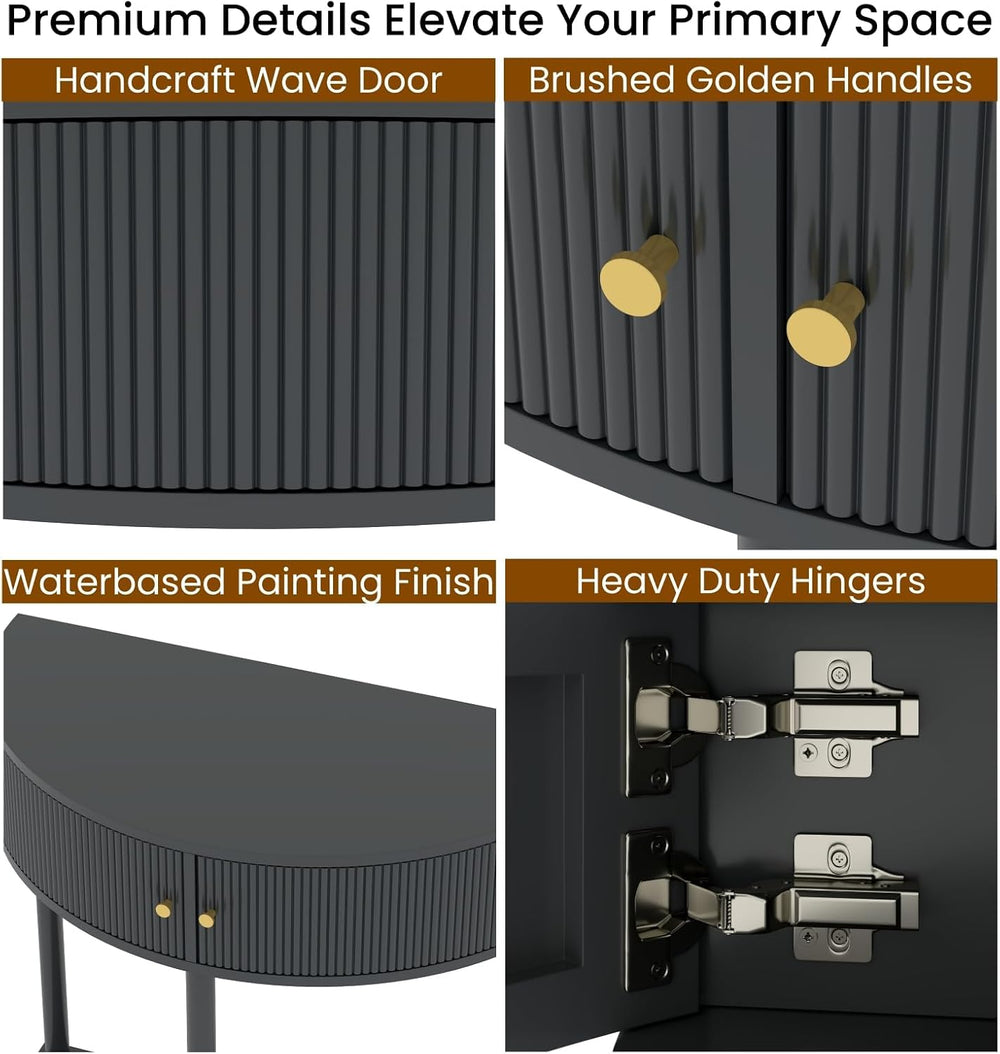 Entryway Table, Artisan-Crafted Half Moon Fluted Console Tables with 2 Rattan...