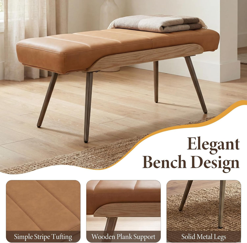 CIMOTA Mid-Century Modern Upholstered Bench, Channel Tufted Ottoman Bench wit...