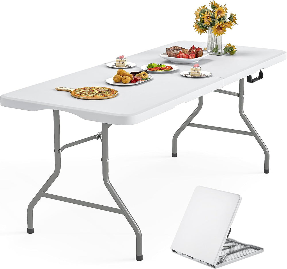 8ft Folding Table Heavy Duty Foldable Table Lightweight Plastic Table with Re...