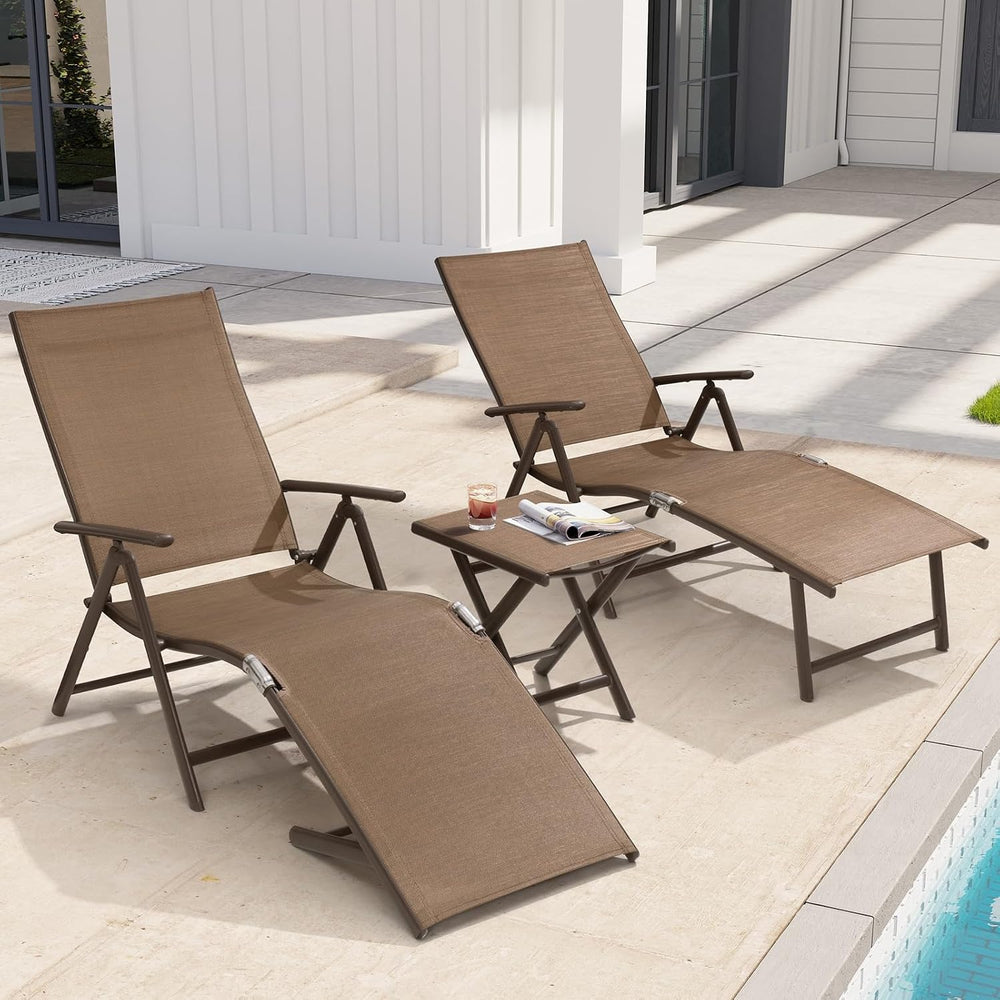 Lounge Chair Outdoor, Folding Pool Chaise Chairs Set of 3 (Brown)