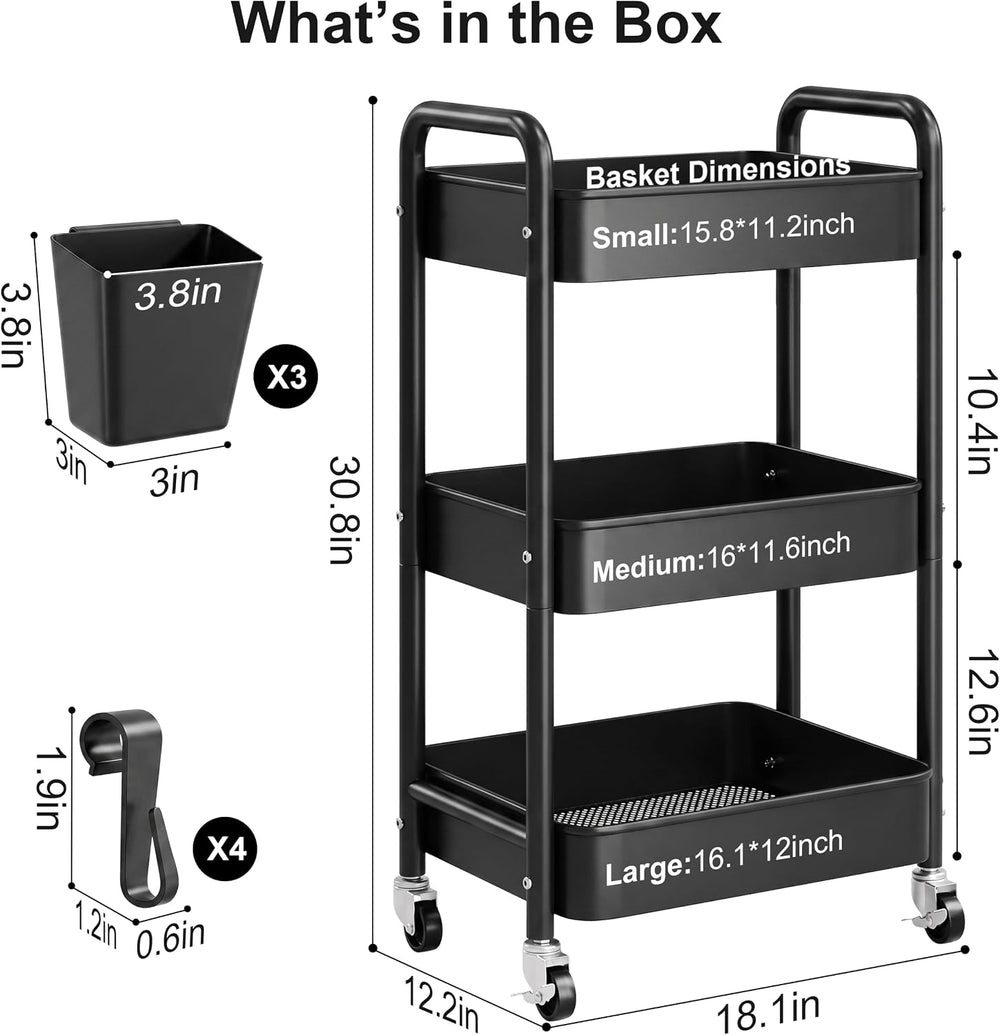 3 Tier Rolling Cart Metal with Wheels,Black Three Tiered Dorm Storage Carts